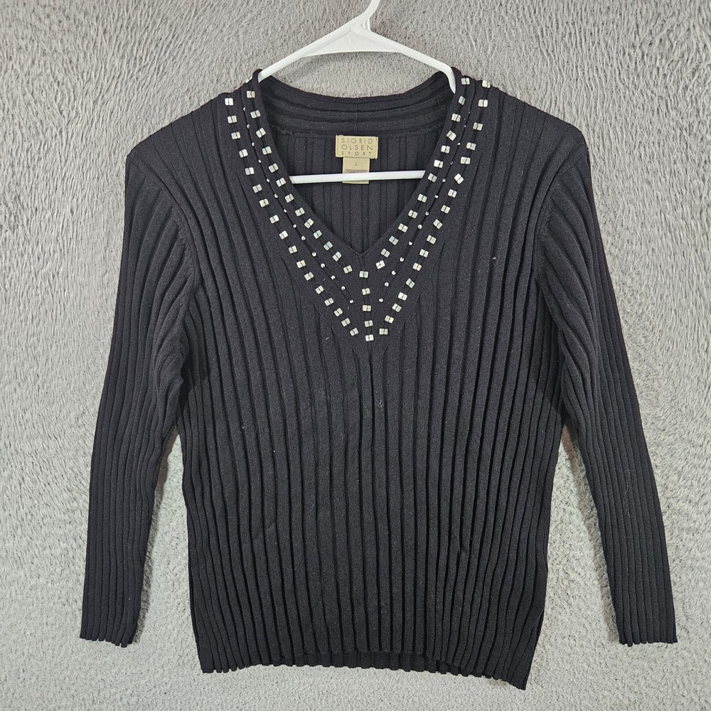 Sigrid Olsen Sport‎ Womens Black Studded V-Neck Ribbed Knit Sweater Size L